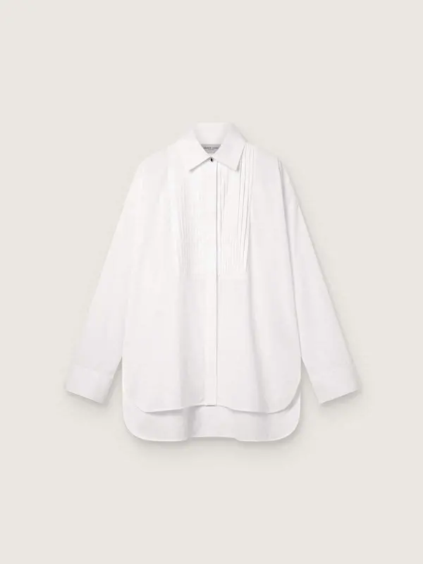 Women’s oversized shirt in white cotton with pleated detail and jewel buttons online