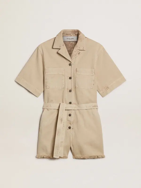 Women’s romper in beige denim with belt and frayed hem online