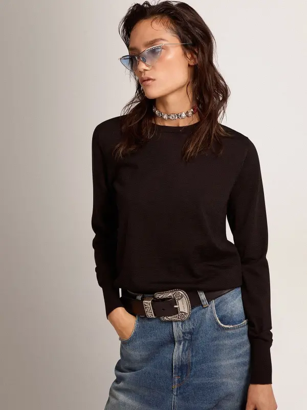 Women’s round-neck sweater in black wool online