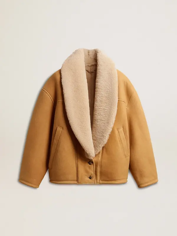 Women’s sheepskin jacket with a wide shearling shawl collar online