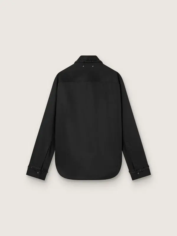 Women’s shirt in black wool twill with floral embroidery in glass beads online