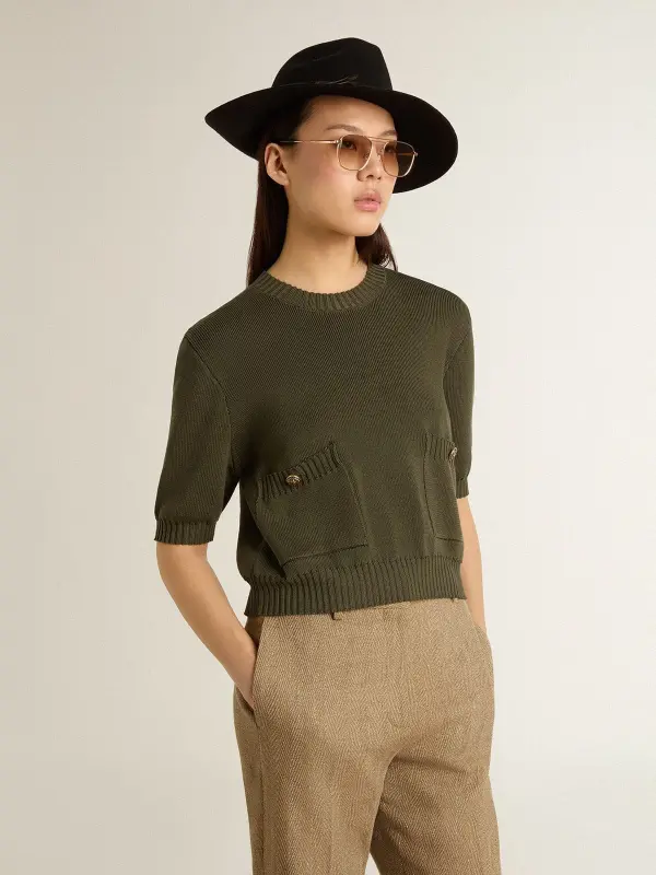 Women’s short-sleeved sweater in military-green cotton online