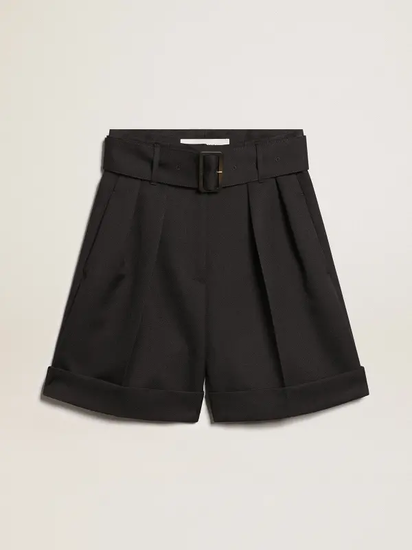 Women’s shorts in black wool gabardine with waist belt online