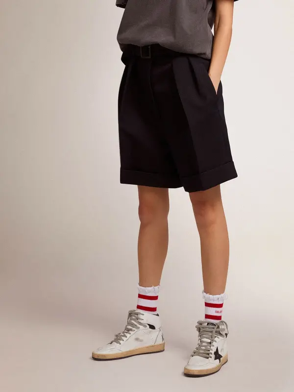 Women’s shorts in black wool gabardine with waist belt online