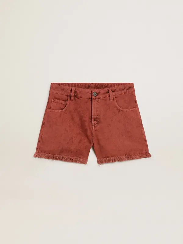 Women’s shorts in brick-red denim with Golden Mediterraneo embroidery online