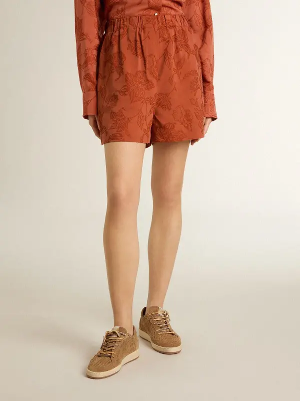 Women’s shorts in brick-red jacquard with marine floral pattern online