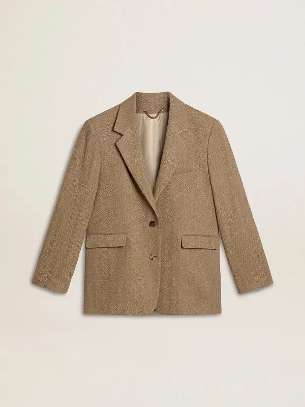 Women’s single-breasted blazer in sand-colored herringbone online