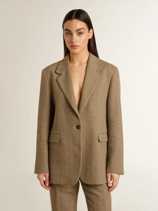 Women’s single-breasted blazer in sand-colored herringbone online