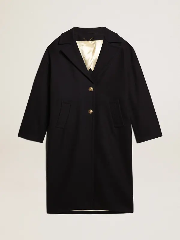 Women’s single-breasted cocoon coat in dark blue wool with gold button online