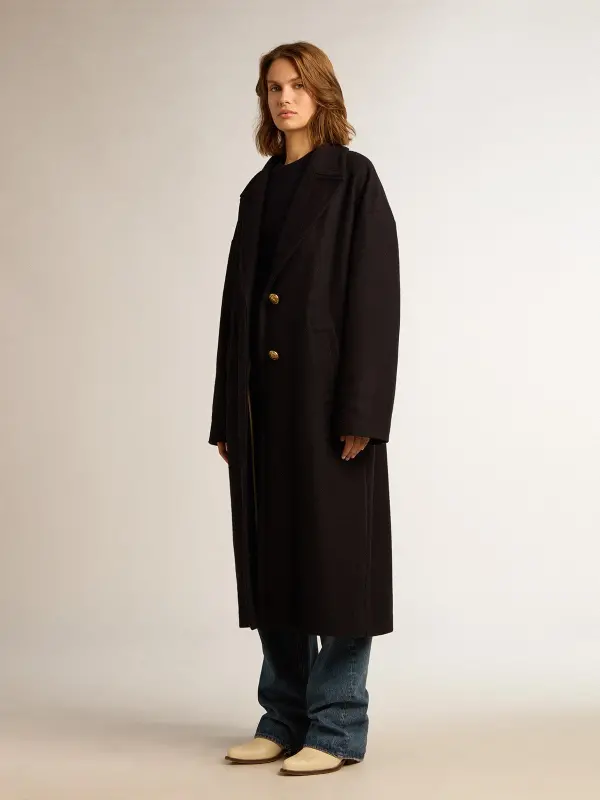 Women’s single-breasted cocoon coat in dark blue wool with gold button online