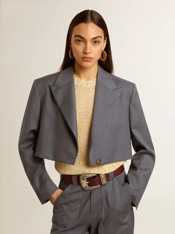 Women’s single-breasted cropped jacket in baby blue wool online