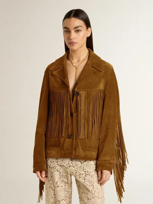 Women’s tobacco-colored suede jacket women with fringes online
