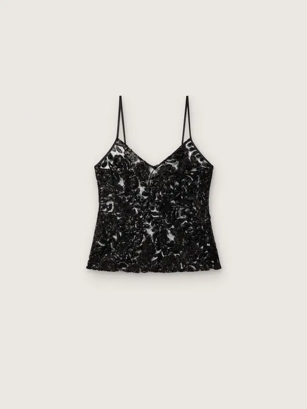 Women’s top in black tulle with floral pattern in black sequins online