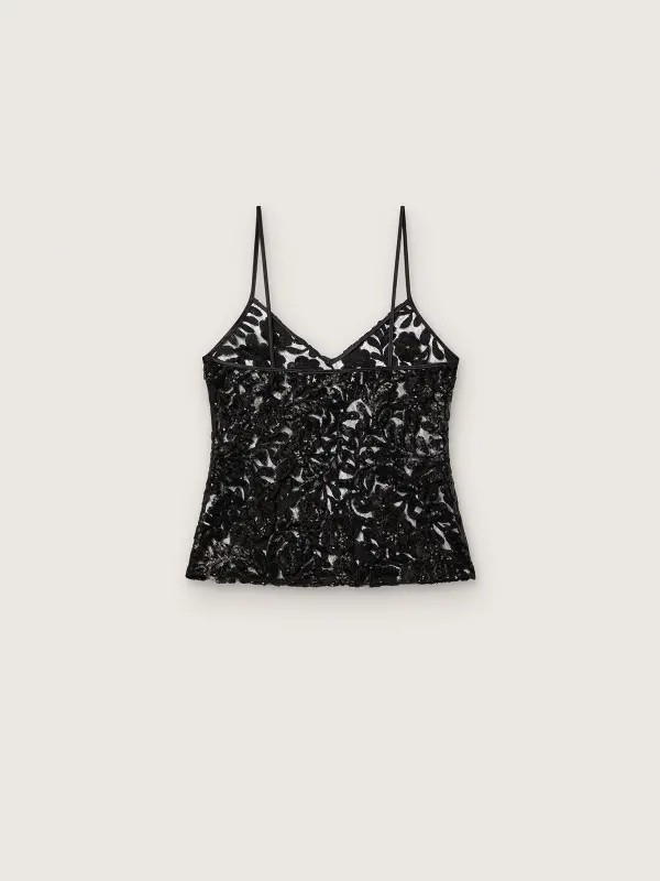 Women’s top in black tulle with floral pattern in black sequins online