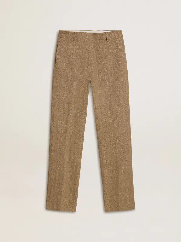 Women’s trousers in a sand-colored herringbone linen blend online