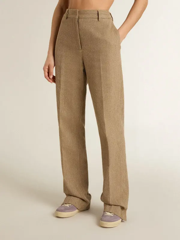 Women’s trousers in a sand-colored herringbone linen blend online
