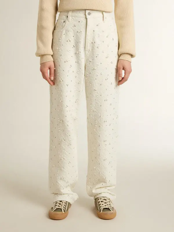 Women’s white denim pants with beading and crystals online