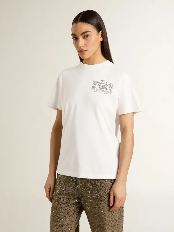 Women’s white T-shirt with black print on the chest online