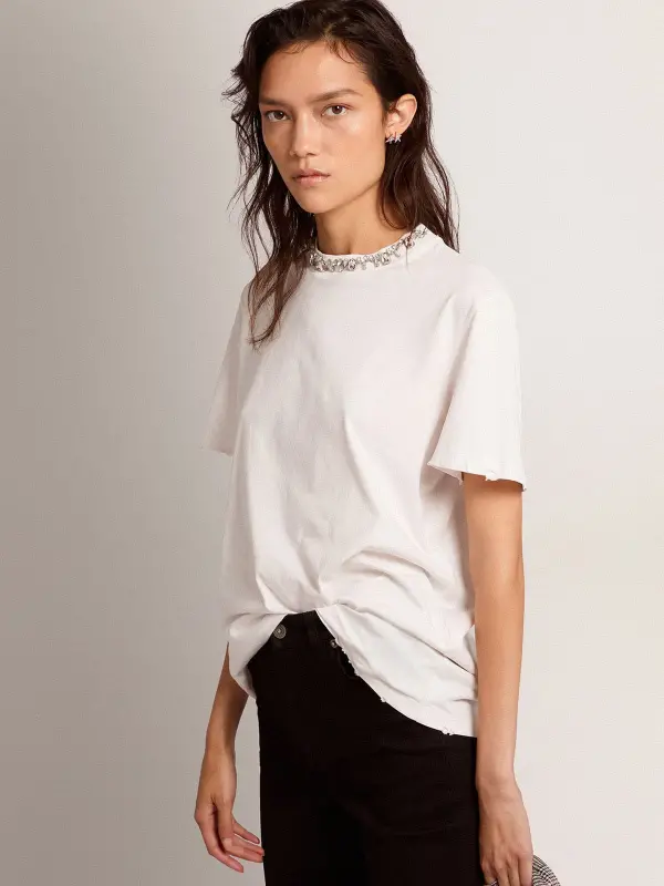 Women’s white T-shirt with cabochon crystals online