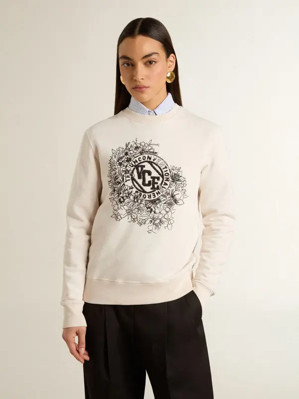 Women’s worn-white cotton sweatshirt with embroidery online
