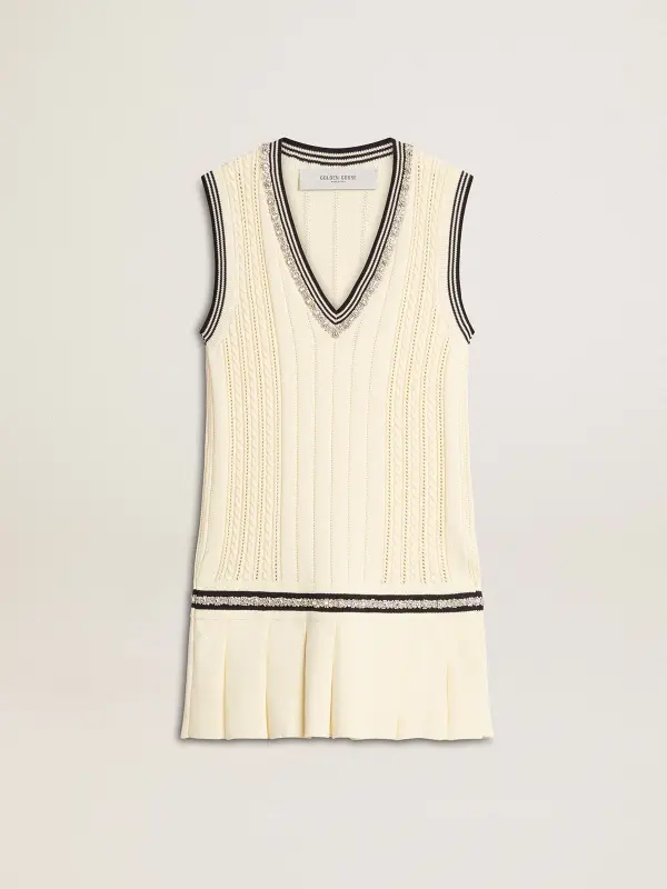 Women’s worn-white cotton vest dress with dark blue ribbing and crystals online