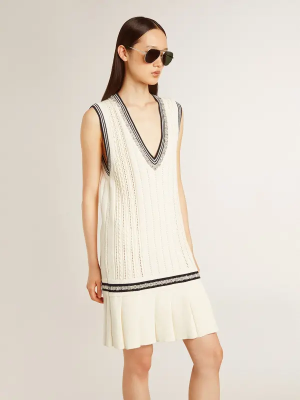 Women’s worn-white cotton vest dress with dark blue ribbing and crystals online
