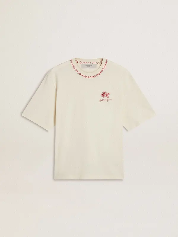 CNY worn-white sleeveless T-shirt with red embroidery online