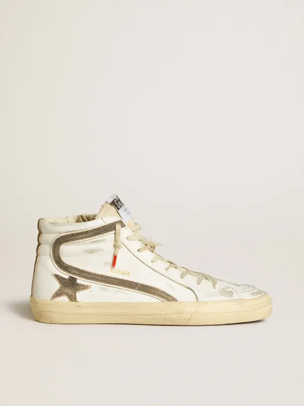 Men’s Slide LAB in white leather with star and flash in brown suede online