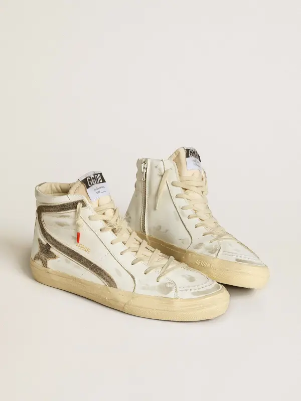 Men’s Slide LAB in white leather with star and flash in brown suede online