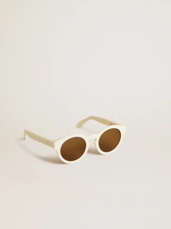 Square-style Panthos sunglasses with beige frame and gold details online