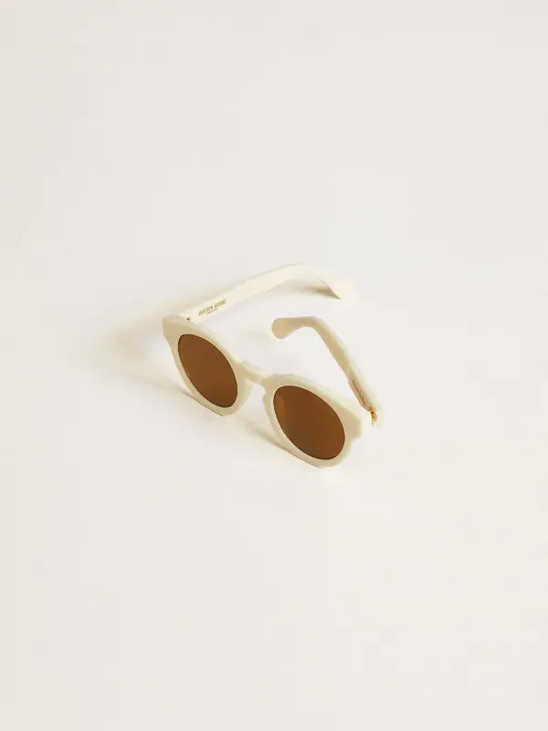 Square-style Panthos sunglasses with beige frame and gold details online