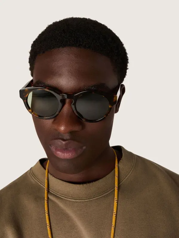 Square style Panthos sunglasses with havana brown frame and green lenses online