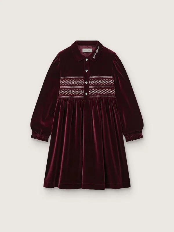 Girl’s burgundy velvet-effect dress with embroidery on the front online