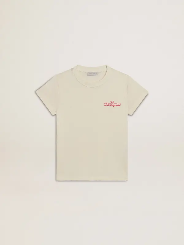 Girl’s cotton T-shirt in worn white with red embroidery on the chest online