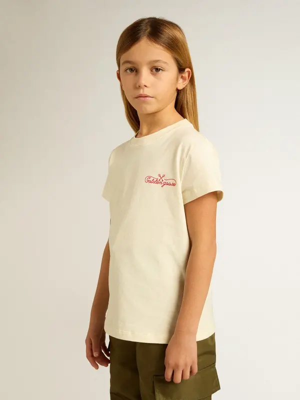 Girl’s cotton T-shirt in worn white with red embroidery on the chest online