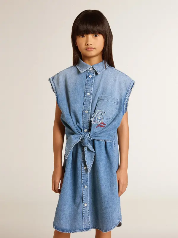 Girl’s denim dress with front knot and embroidery online
