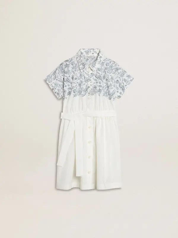 Girl’s shirt dress in white cotton canvas with a blue nautical print and white piping online