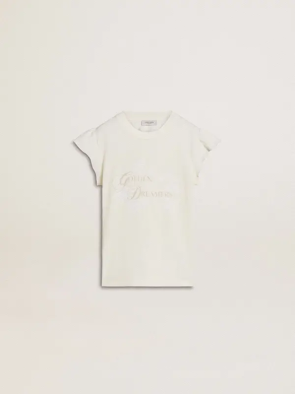 Girl’s T-shirt with ruffled sleeves with lettering and embroidery online