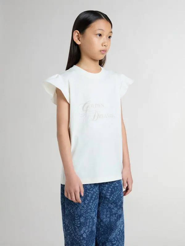 Girl’s T-shirt with ruffled sleeves with lettering and embroidery online