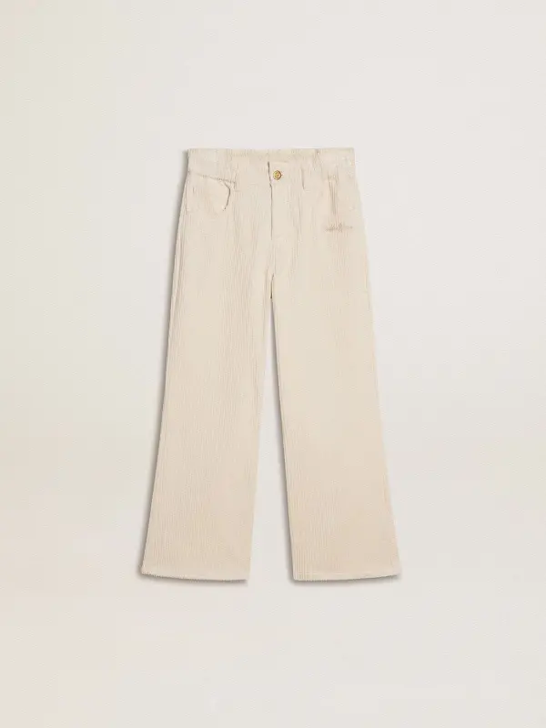 Girl’s wide ribbed cream-colored trousers with embroidery online