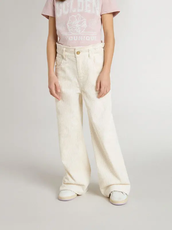 Girl’s wide ribbed cream-colored trousers with embroidery online