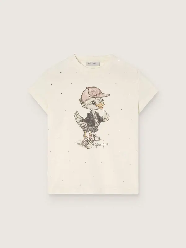 Journey T-shirt for girls in white cotton jersey with digital mascot print and crystal appliqués online