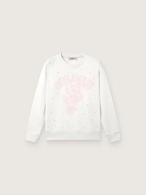 Journey white cotton crew-neck sweatshirt for girls with mascot print and crystal appliqués online
