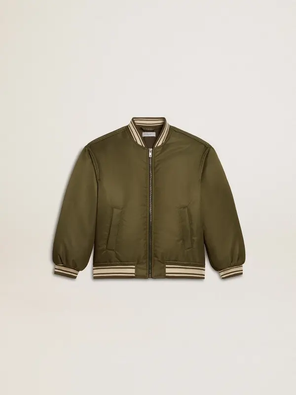 Kids military-green nylon bomber jacket with lettering on the back online