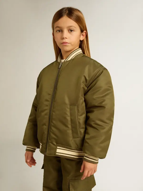 Kids military-green nylon bomber jacket with lettering on the back online
