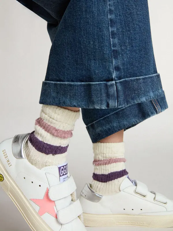 Kid’s white socks with pink and purple stripes online