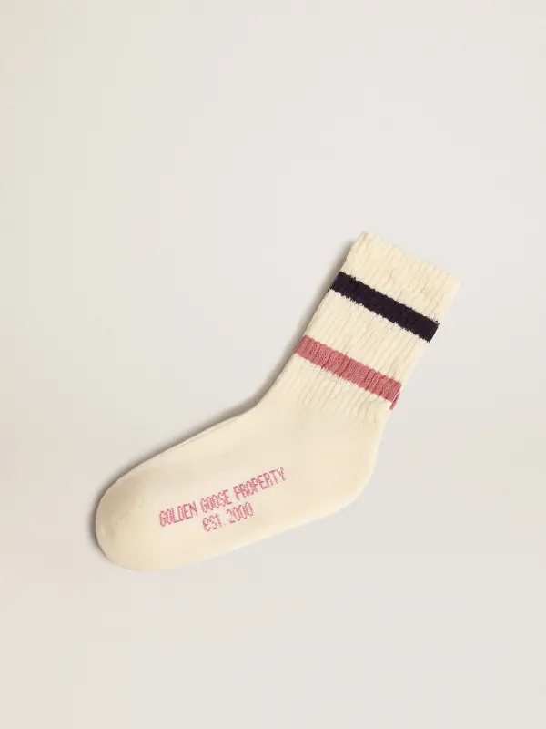 Worn white Kids socks with distressed details and two-tone lilac and blue stripes online