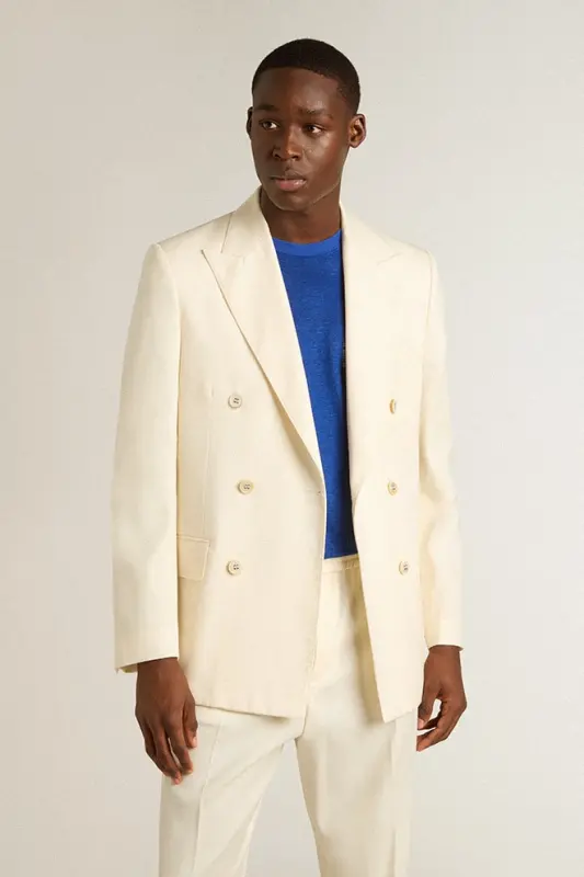 Men’s cream-colored double-breasted blazer online