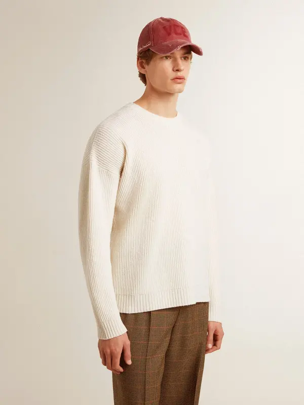 Men’s crew-neck sweater in worn white ribbed wool online