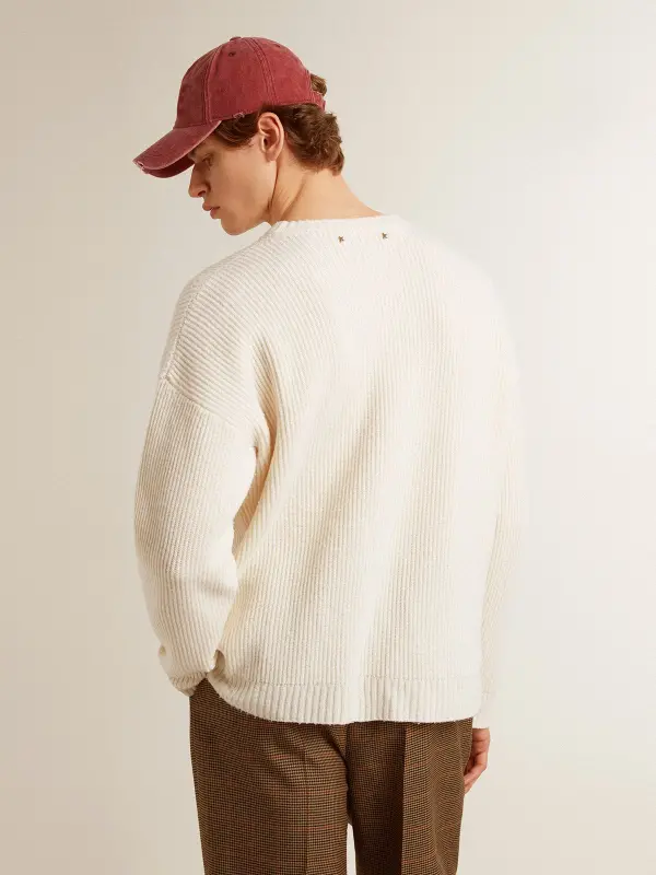 Men’s crew-neck sweater in worn white ribbed wool online
